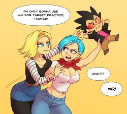 Rule 34 | 2girls, android 18, blonde hair, blue eyes, blue hair, breasts, bulma, cleavage, denim, dragon ball, english text, female focus, highres, jeans, large breasts, matching hair/eyes, multiple girls, nortuet, open mouth, pants, revealing clothes, short hair, simple background, twitter username, wide hips