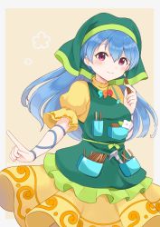 Rule 34 | 1girl, apron, blue hair, border, breasts, chisel, closed mouth, commentary request, dress, flower, green apron, green hood, haniyasushin keiki, happy, head scarf, highres, huyukiharuka, jewelry, knife, long hair, looking at viewer, magatama, magatama necklace, medium breasts, necklace, pliers, pocket, pointing, puffy short sleeves, puffy sleeves, purple eyes, short sleeves, simple background, single strap, smile, solo, tools, touhou, upper body, white background, white border, white flower, wood carving tool, yellow background, yellow dress