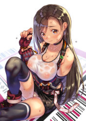 Rule 34 | 1girl, ankle boots, arm under breasts, bare shoulders, belt, black choker, black thighhighs, boots, breasts, brown hair, choker, cleavage, collarbone, dangle earrings, earrings, elbow gloves, elbow pads, final fantasy, final fantasy vii, final fantasy vii remake, fingerless gloves, gloves, highres, jewelry, kink (tortoiseshell), knee up, large breasts, long hair, looking at viewer, miniskirt, nail polish, orange eyes, panties, pantyshot, parted lips, pink nails, red footwear, red gloves, see-through, sitting, skirt, sleeveless, solo, square enix, straight hair, sweat, nervous sweating, sweaty clothes, tank top, thighhighs, tifa lockhart, underwear, upskirt, very long hair, wet, wet clothes, white panties