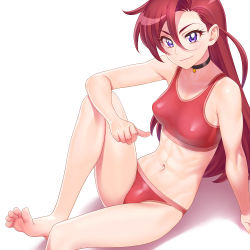 Rule 34 | 1girl, abs, arm support, bare legs, barefoot, bell, bikini, black choker, breasts, choker, closed mouth, collarbone, cure flamingo, from above, highres, jingle bell, long hair, looking at viewer, looking up, minazuki juuzou, navel, neck bell, precure, purple eyes, red bikini, red hair, sitting, smile, soles, solo, swimsuit, takizawa asuka, toes, tropical-rouge! precure
