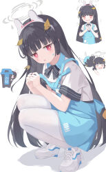 Rule 34 | 1girl, @ @, apron, black bow, black bowtie, black hair, blue apron, blue archive, blue hair, bow, bowtie, closed eyes, collared shirt, commentary request, grey halo, halo, highres, long hair, looking at viewer, miyu (blue archive), multiple views, official alternate costume, pantyhose, polo shirt, red eyes, serika, shirt, shoes, short sleeves, simple background, white background, white footwear, white pantyhose, white shirt