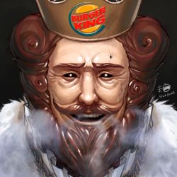 Rule 34 | 1boy, agemmata, black sclera, breath, bright pupils, brown eyes, brown hair, burger king, cape, colored sclera, commentary, copyright name, cracked skin, crown, curly hair, dated, english commentary, facial hair, fur-trimmed cape, fur trim, furrowed brow, goatee, horror (theme), lips, logo, looking at viewer, male focus, mustache, nose, portrait, short hair, signature, simple background, solo, teeth, the king (burger king), thick eyebrows, upper teeth only, white pupils, wrinkled skin