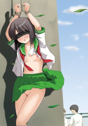 Rule 34 | 1girl, 2boys, against wall, arms up, bad id, bad pixiv id, bdsm, blindfold, blush, bondage, bound, bound wrists, breasts, brown hair, censored, chiru roshutsu, cleft of venus, cloud, cloudy sky, collarbone, covered eyes, day, exhibitionism, feet out of frame, fense, green skirt, leaf, mosaic censoring, multiple boys, nipples, no bra, no panties, nude, open clothes, open mouth, open shirt, original, outdoors, pleated skirt, public indecency, pussy, rope, school uniform, serafuku, shadow, short hair, skirt, sky, small breasts, solo focus, standing, takapi (chimee house), thighs, uncensored, wind, wind lift