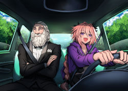 2boys, absurdres, astolfo (fate), bangs, beard, black jacket, black pants, black ribbon, black skirt, blue sky, blush, bow, bowtie, braid, car interior, clip studio paint (medium), closed mouth, cloud, commentary request, commission, cowboy shot, crop top, crossed arms, day, driving, eudetenis, eyebrows visible through hair, facial hair, fang, fate/apocrypha, fate (series), father and son, formal, hair ribbon, highres, jacket, long braid, long hair, long sleeves, looking to the side, male focus, multicolored hair, multiple boys, old, old man, open mouth, otto of england, pants, pink hair, pocket square, purple eyes, purple hair, purple jacket, ribbon, seatbelt, shirt, short hair, single braid, skin fang, skirt, sky, smile, streaked hair, suit, tree, white hair, white shirt