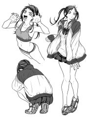 Rule 34 | 1girl, :d, armpits, back, bow, bowtie, bra, breasts, fumitan (humitan), greyscale, highres, jacket, long hair, looking at viewer, monochrome, multiple views, navel, open mouth, original, panties, pleated skirt, school uniform, shoes, simple background, skirt, sleeves past wrists, smile, sneakers, squatting, teeth, tiptoes, twintails, underwear, underwear only, white background