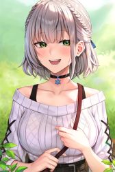 Rule 34 | 1girl, absurdres, black choker, blush, breasts, choker, collarbone, fingernails, green eyes, highres, hololive, large breasts, looking at viewer, official alternate costume, open mouth, reiji-rj, ribbed sweater, shirogane noel, shirogane noel (casual), short hair, silver hair, smile, solo, sweater, teeth, upper body, virtual youtuber, white sweater