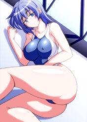 Rule 34 | 1girl, ass, bare shoulders, blue eyes, blue hair, blue one-piece swimsuit, breasts, competition swimsuit, covered erect nipples, half-closed eyes, huge ass, large breasts, looking at viewer, lying, on side, one-piece swimsuit, original, smile, solo, swimsuit, thick thighs, thighs, zetsumu