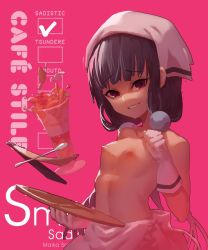 Rule 34 | 1girl, absurdres, black hair, blend s, breasts, clenched hand, food, glass, gloves, grin, highres, holding, long hair, looking at viewer, nipples, pink background, receipt, red eyes, sakuranomiya maika, shaded face, simple background, small breasts, smile, solo, spoon, topless, tray, upper body, zanyak