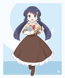 Rule 34 | 1girl, :d, black hair, blue background, boots, bow, brown capelet, brown footwear, brown skirt, capelet, collared shirt, commentary request, cross-laced footwear, drawing tablet, dress shirt, frilled skirt, frills, fringe trim, full body, hair ornament, high-waist skirt, highres, holding, holding stylus, kitagawa suigetsu, lace-up boots, long hair, low twintails, open mouth, original, outline, red bow, shirt, skirt, smile, solo, standing, stylus, swept bangs, twintails, v-shaped eyebrows, very long hair, white outline, white shirt