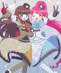 Rule 34 | 2girls, :d, ;d, arm up, blue coat, blue eyes, brown coat, brown gloves, brown hair, brown pantyhose, coat, fang, feet out of frame, fur-trimmed coat, fur hat, fur trim, gloves, hand up, hat, index finger raised, ku (residual666), kurosu aroma, long hair, long sleeves, looking at viewer, multiple girls, one eye closed, open mouth, outstretched arm, pantyhose, ponytail, pretty series, print pantyhose, pripara, red gloves, red hair, shiratama mikan, smile, snowflake print, standing, v, very long hair, white pantyhose, winged heart, winter clothes, yellow eyes