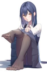 Rule 34 | 1girl, black hair, black pantyhose, blush, feet, foot focus, foreshortening, full body, grin, hair between eyes, hands on own knees, highres, kohinata kuon, leg up, long hair, looking at viewer, no shoes, nose shade, original, panties, panties under pantyhose, pantyhose, pantyshot, parted lips, pero (peroneko0510), pleated skirt, simple background, sitting, skirt, smile, soles, solo, toes, underwear, white background