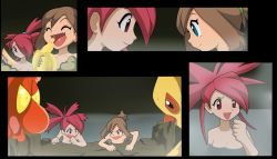 Rule 34 | 2girls, age difference, angry, armpits, banana, bare shoulders, beak, blue eyes, brown hair, child, combusken, comic, creatures (company), eating, fang, flannery (pokemon), flat chest, food, fruit, game freak, gen 2 pokemon, gen 3 pokemon, happy, height difference, long hair, looking at another, may (pokemon), medium hair, multiple girls, neck, nintendo, nude, onsen, open mouth, partially submerged, pokemon, pokemon (creature), pokemon adventures, ponytail, raised fist, red eyes, red hair, short ponytail, slugma, smile, very long hair, water