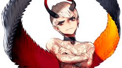 Rule 34 | 1boy, collar, crossed arms, destiny child, earrings, frej (destiny child), frown, horns, jewelry, lock, male focus, official art, pointy ears, red eyes, single earring, stud earrings, transparent background, upper body, white hair, wings