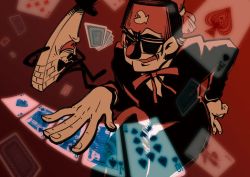 Rule 34 | 1boy, 1other, ace (playing card), ace of spades, bill cipher, bow, bowtie, card, closed eye, crossed fingers, diamonds (playing card), eyebrows, eyepatch, fez hat, formal, gambling, glasses, gravity falls, grin, hat, highres, jack (playing card), jack of spades, joker (playing card), king (playing card), king of spades, laughing, limited palette, male focus, melon (melon cream soda), necktie, old, old man, one-eyed, playing card, poker, queen (playing card), queen of spades, red background, smile, spade (shape), stanley pines, suit, top hat, triangle