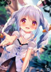 Rule 34 | 1girl, :d, animal ear fluff, animal ears, black leotard, blue hair, blurry, blurry background, blurry foreground, blush, bow, braid, breasts, brown pantyhose, carrot hair ornament, chinomaron, commentary request, day, depth of field, detached sleeves, don-chan (usada pekora), dress, dutch angle, food-themed hair ornament, fur-trimmed dress, fur trim, hair bow, hair ornament, highres, hololive, leaning forward, leotard, looking at viewer, multicolored hair, open mouth, outdoors, outstretched arm, pantyhose, puffy short sleeves, puffy sleeves, rabbit ears, red eyes, short eyebrows, short sleeves, signature, small breasts, smile, solo, standing, strapless, strapless dress, strapless leotard, symbol-shaped pupils, teeth, thick eyebrows, twin braids, twintails, two-tone hair, upper teeth only, usada pekora, usada pekora (1st costume), virtual youtuber, white bow, white dress, white hair, white sleeves