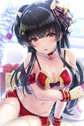 Rule 34 | 1girl, bare shoulders, black hair, blush, breasts, brown eyes, cleavage, collarbone, highres, idolmaster, idolmaster shiny colors, long hair, looking at viewer, mayuzumi fuyuko, medium breasts, navel, open mouth, resolution mismatch, solo, source smaller, two side up, urabi (tomatohouse)