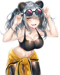 Rule 34 | 1girl, :d, absurdres, animal ears, arknights, armpits, arms up, bare arms, bare shoulders, black hair, black pants, black shirt, blush, breasts, cleavage, clothes around waist, collarbone, commentary, cowboy shot, crop top, eyewear on head, fang, feater (arknights), feater (dojo star) (arknights), grey hair, hair over one eye, highres, jacket, jacket around waist, kanniiepan, large breasts, long hair, looking at viewer, midriff, multicolored hair, navel, official alternate costume, open mouth, panda ears, pants, round eyewear, shirt, simple background, skin fang, sleeveless, sleeveless shirt, smile, solo, spaghetti strap, standing, stomach, sunglasses, teeth, tongue, twintails, two-tone hair, white background, yellow eyes, yellow jacket