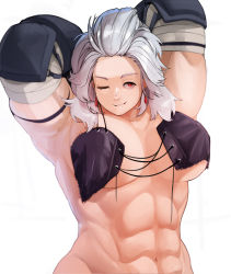 Rule 34 | 1girl, abs, armpits, arms behind head, breasts, breasts apart, dorohedoro, earrings, grey hair, highres, jewelry, large breasts, long hair, muscular, muscular female, navel, naze, noi (dorohedoro), one eye closed, parted lips, red eyes, smile, solo