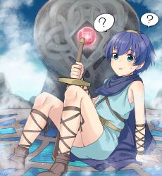Rule 34 | blue eyes, blue hair, blush, cape, fire emblem, fire emblem: mystery of the emblem, fire emblem: shadow dragon and the blade of light, fire emblem heroes, haru (nakajou-28), looking at viewer, male focus, marth (fire emblem), nintendo, short hair, solo, sword, tiara, weapon, aged down