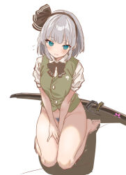 1girl bare_legs barefoot blush bottomless commentary_request female_pubic_hair flying_sweatdrops green_vest grey_hair highres katana konpaku_youmu looking_at_viewer pubic_hair seiza shirt short_sleeves simple_background sitting soara_shimomo solo sword toes touhou vest weapon white_background white_shirt