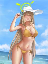 Rule 34 | 1girl, absurdres, arm behind back, artist name, bare shoulders, bikini, blonde hair, blue archive, blue ribbon, blue sky, blush, breasts, cleavage, closed eyes, collarbone, cozie178, feet out of frame, halo, hand on headwear, hat, hat ribbon, highres, long hair, medium breasts, navel, nonomi (blue archive), nonomi (swimsuit) (blue archive), ocean, official alternate costume, open mouth, ribbon, sky, smile, solo, standing, stomach, sun hat, swimsuit, teeth, upper teeth only, very long hair, wet, white hat, yellow bikini