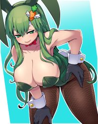 Rule 34 | 1girl, alternate costume, animal ears, armpits, bare shoulders, bent over, black gloves, blush, breasts, carrot hair ornament, choker, cleavage, collarbone, fake animal ears, fire emblem, fire emblem: mystery of the emblem, fishnet pantyhose, fishnets, food-themed hair ornament, gloves, green eyes, green hair, hair between eyes, hair ornament, headband, highres, kara age, large breasts, leaning forward, leotard, long hair, looking at viewer, naughty face, nintendo, palla (fire emblem), pantyhose, playboy bunny, rabbit ears, ribbon choker, smile, solo, standing, strapless, strapless leotard, thighs, white headband, wrist cuffs