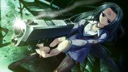 Rule 34 | 1girl, black hair, blue eyes, breasts, game cg, gun, highres, holding, holding gun, holding weapon, jewelry, large breasts, long hair, necklace, non-web source, official art, pantyhose, root double -before crime after days-, shirt, shoes, solo, torn clothes, torn pantyhose, torn shirt, tsubakiyama ena, weapon