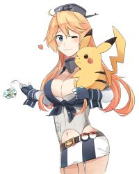Rule 34 | 10s, 1girl, ;3, ahoge, animal, belt, blonde hair, blue eyes, blush, breasts, brown eyes, carrying, cleavage, collar, commentary request, creatures (company), crossover, detached sleeves, elbow gloves, evolutionary stone, fingerless gloves, game freak, garter straps, gen 1 pokemon, gloves, hand on another&#039;s chest, hat, heart, holding, holding animal, ido (teketeke), iowa (kancolle), kantai collection, large breasts, long hair, looking at viewer, midriff, miniskirt, navel, nintendo, one eye closed, pikachu, poke ball, pokemon, pokemon (creature), pokemon go, revision, simple background, skirt, smile, star-shaped pupils, star (symbol), symbol-shaped pupils, tail, thunder stone, white background