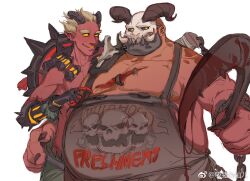 Rule 34 | 2boys, ashthepenguin, bara, bare pectorals, big belly, black sclera, blood, colored sclera, colored skin, cowboy shot, curled horns, demon boy, demon horns, fat, halloween, holding, holding scythe, horns, junkrat (overwatch), looking at viewer, male focus, monsterification, multiple boys, nipples, obese, overwatch, pectorals, red skin, roadhog (overwatch), scythe, short hair, skinny, standing, thick eyebrows, yellow sclera