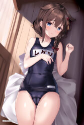 Rule 34 | 1girl, absurdres, ahoge, armpits, bare arms, bare legs, bare shoulders, bed sheet, black one-piece swimsuit, blue eyes, blush, braid, brown hair, closed mouth, commentary request, cowboy shot, hair between eyes, hair flaps, highres, himura moritaka, kantai collection, long hair, one-piece swimsuit, school swimsuit, shigure (kancolle), shigure kai ni (kancolle), single braid, solo, swimsuit, textless version