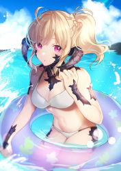 Rule 34 | 1girl, au ra, bare shoulders, bikini, blonde hair, blue sky, braid, breasts, cleavage, closed mouth, cloud, cloudy sky, commentary request, curled horns, day, dragon horns, fictional persona, final fantasy, final fantasy xiv, groin, hair between eyes, highres, horns, innertube, kgr, looking at viewer, medium breasts, navel, outdoors, ponytail, purple eyes, scales, sky, solo, swim ring, swimsuit, twitter username, warrior of light (ff14), water, white bikini