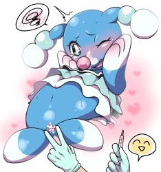 Rule 34 | 1girl, ^^^, animal focus, blue gloves, blush, bright pupils, brionne, censored, creatures (company), embarrassed, fang, female focus, full body, game freak, gen 7 pokemon, gloves, green eyes, hands on own cheeks, hands on own face, hands up, heart, heart censor, holding, lying, navel, negoya, nintendo, no humans, nose blush, on back, one eye closed, open mouth, pokemon, pokemon (creature), pov, pussy, shiny skin, sideways mouth, simple background, solo focus, speech bubble, spoken blush, spoken expression, spoken squiggle, spread pussy, squiggle, sweat, tears, thermometer, white background, white pupils, wide-eyed, wince