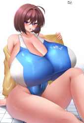 Rule 34 | 1girl, absurdres, ahoge, blush, breasts, brown hair, cleavage cutout, clothes lift, clothing cutout, competition swimsuit, covered navel, doinaka, gigantic breasts, hair between eyes, highleg, highres, off shoulder, one-piece swimsuit, open mouth, original, purple eyes, short hair, solo, sweater, sweater lift, swimsuit, tile floor, tiles, yellow sweater