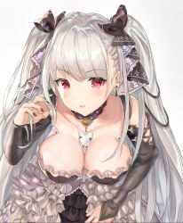 Rule 34 | 1girl, azur lane, bad id, bad pixiv id, bare shoulders, between breasts, black dress, black nails, blush, breasts, cleavage, dress, earrings, formidable (azur lane), frilled dress, frills, grey background, grey hair, hair ribbon, highres, jewelry, large breasts, leaning forward, long hair, long sleeves, looking at viewer, nail polish, ni mochi, open mouth, red eyes, ribbon, solo, twintails, two-tone dress, very long hair, white background