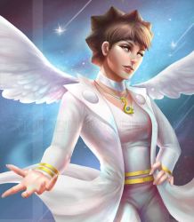 Rule 34 | 1girl, angel wings, blue eyes, brown hair, creatures (company), flat chest, game freak, jasqreate, jewelry, looking at viewer, necklace, nintendo, pokemon, pokemon xy, short hair, solo, watermark, wings