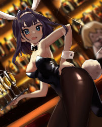 Rule 34 | 1girl, absurdres, alcohol, animal ears, armpits, bada (jksh5056), bar (place), bare shoulders, black hair, black leotard, blue eyes, blurry, bow, bowtie, breasts, brown pantyhose, contrapposto, cup, depth of field, detached collar, drinking glass, dutch angle, fake animal ears, fake tail, glint, hair intakes, hairband, hand on own hip, highres, holding, holding tray, hololive, hololive english, leotard, looking at viewer, medium breasts, open mouth, ouro kronii, pantyhose, playboy bunny, rabbit ears, rabbit tail, short hair, smol ame, solo, standing, strapless, strapless leotard, tail, tailcoat, tray, virtual youtuber, watson amelia, wrist cuffs