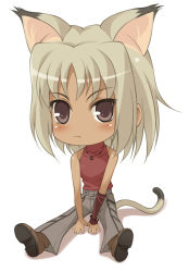 Rule 34 | 1girl, 428, animal ears, bare shoulders, blonde hair, canaan (character), canaan (series), cat ears, cat girl, cat tail, chibi, chunsoft, female focus, full body, jewelry, mukunokino isshiki, necklace, short hair, simple background, sleeveless, sleeveless turtleneck, solo, tail, turtleneck