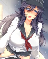 Rule 34 | 10s, 1girl, :o, akatsuki (kancolle), alternate breast size, black hair, black skirt, blue eyes, blush, breasts, cleavage, collarbone, commentary request, cowgirl position, flat cap, hair between eyes, hat, huge breasts, i b b e, indoors, kantai collection, long hair, long sleeves, looking at viewer, messy hair, neckerchief, aged up, open mouth, pleated skirt, red neckerchief, school uniform, serafuku, skirt, solo, straddling, thighs