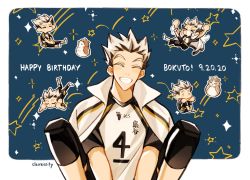 Rule 34 | !, 1boy, artist name, bird, black hair, black legwear, black shorts, blue background, bokuto koutarou, border, character name, chibi, claireiosity, closed mouth, comet, diamond (shape), english text, eyebrows, eyelashes, face, footprints, forehead, grin, haikyuu!!, hair up, happy birthday, head tilt, highres, jacket, jacket on shoulders, jersey, knee pads, light blush, lying, male focus, multicolored hair, on stomach, open mouth, owl, pale skin, parted lips, shooting star, short hair, shorts, shouting, sitting, sky, smile, solo, solo focus, sparkle, spiked hair, sportswear, squatting, star (sky), star (symbol), starry sky, teeth, twitter username, two-tone hair, volleyball uniform, watermark, white border, colored eyelashes, white footwear, white hair, white jacket, white jersey