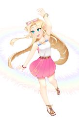 Rule 34 | 1girl, absurdres, belt, blonde hair, blue eyes, breasts, cleavage, elf, eyewear on head, feet, full body, grin, hand up, highres, jewelry, legs, long hair, medium breasts, nail polish, necklace, nintendo, open mouth, pointy ears, princess zelda, sandals, skirt, smile, solo, sunglasses, sunglasses on head, super smash bros., the legend of zelda, the legend of zelda: a link between worlds, triforce, triforce earrings, waving