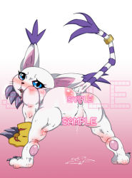 Rule 34 | 1girl, all fours, anus, ass, blush, censored, digimon, digimon (creature), female focus, full body, furry, furry female, gloves, gradient background, pussy, smile, solo, tail, tailmon, white background