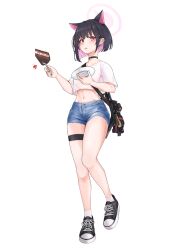 Rule 34 | 1girl, animal ears, black choker, black footwear, black hair, blue archive, blue shorts, blush, cake, cake slice, cat ears, choker, clov3r, colored inner hair, extra ears, food, fork, fruit, full body, gun, hair ornament, hairclip, halo, highres, holding, holding fork, holding plate, kazusa (blue archive), looking at viewer, multicolored hair, navel, open mouth, pink hair, pink halo, plate, red eyes, shirt, shoes, short hair, short sleeves, shorts, simple background, socks, solo, strawberry, weapon, white background, white shirt, white socks