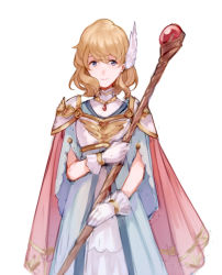 Rule 34 | 1girl, armor, banned artist, blonde hair, blue dress, blue eyes, breastplate, cape, commentary, cowboy shot, dress, english commentary, fire emblem, fire emblem: genealogy of the holy war, gloves, holding, holding staff, jewelry, llicornia, looking at viewer, nanna (fire emblem), necklace, nintendo, pauldrons, pink cape, short hair, shoulder armor, simple background, smile, solo, staff, standing, white background, white gloves, wing hair ornament
