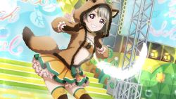 Rule 34 | 1girl, animal ears, animal hood, artist name, artist request, bikini, black gloves, blue sky, blush, bow, breasts, brown hair, cloud, collarbone, day, feathers, female focus, frilled bikini, frills, fur-trimmed jacket, fur trim, gloves, green bow, green ribbon, grey hair, hair ornament, hood, hood up, jacket, leaf hair ornament, leaf print, light brown hair, long sleeves, looking at viewer, love live!, love live! nijigasaki high school idol club, love live! school idol festival, love live! school idol festival all stars, nakasu kasumi, neck ribbon, orange skirt, outdoors, parted lips, puffy long sleeves, puffy sleeves, purple eyes, raccoon costume, raccoon ears, raccoon tail, red eyes, ribbon, short hair, skirt, sky, smile, solo, spotlight, stage, stage lights, swimsuit, tail, white feathers