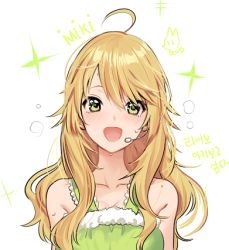 Rule 34 | 1girl, ahoge, artist name, bad id, bad pixiv id, bare shoulders, blonde hair, character name, collarbone, green eyes, headset, hoshii miki, idolmaster, idolmaster (classic), korean text, lowres, rod (rod4817), simple background, solo