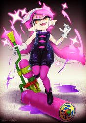 Rule 34 | 1girl, :d, absurdres, ankle boots, black footwear, boots, breasts, callie (splatoon), cross-shaped pupils, detached collar, earrings, fangs, food, food on head, full body, gloves, glowing, glowing hair, gradient hair, highres, inkling, jewelry, leg up, long hair, mole, mole under eye, multicolored hair, nintendo, object on head, open mouth, paint, pantyhose, pink hair, pink pantyhose, pointy ears, puchiman, purple hair, short jumpsuit, small breasts, smile, solo, sparkle, splat roller (splatoon), splatoon (series), splatoon 1, symbol-shaped pupils, teeth, tentacle hair, twitter username, two-tone hair, white gloves, yellow eyes