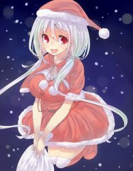 Rule 34 | 1girl, :d, bad id, bad pixiv id, blush, dress, hat, highres, holding, long hair, looking at viewer, open mouth, original, red eyes, santa hat, silver hair, smile, snowing, solo, tofu1601, twintails, very long hair