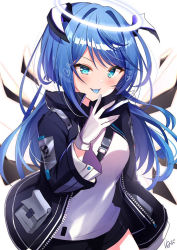 Rule 34 | 1girl, :p, arknights, artist name, black jacket, blue eyes, blue hair, blue tongue, blush, breasts, colored tongue, commentary request, gloves, halo, hand up, horns, jacket, long hair, long sleeves, looking at viewer, medium breasts, mostima (arknights), nenobi (nenorium), open clothes, open jacket, partial commentary, shirt, signature, simple background, smile, solo, tongue, tongue out, white background, white gloves, white shirt