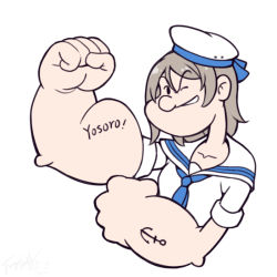 Rule 34 | 10s, 1girl, anchor tattoo, arm up, blue neckerchief, clenched hands, collarbone, commentary, english commentary, grey hair, grin, hair between eyes, hat, langbazi, looking at viewer, love live!, love live! sunshine!!, muscular, muscular female, neckerchief, one eye closed, parody, popeye, popeye the sailor, sailor collar, sailor hat, shirt, short sleeves, simple background, smile, solo, style parody, tattoo, watanabe you, white background, white hat, white sailor collar, white shirt