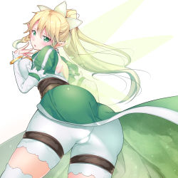 Rule 34 | 10s, 1girl, ass, blonde hair, blush, braid, breasts, chobipero, fairy wings, green eyes, highres, huge breasts, leafa, long hair, open mouth, pointy ears, ponytail, side braid, solo, sword art online, thighhighs, thighs, twin braids, white background, wings